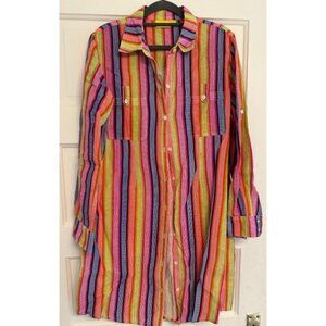Roller Rabbit. Colorful Striped Linen Midi Shirtdress. Size M.